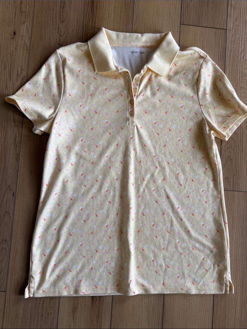 Lands' End Yellow Polo with Pink & White Micro Print